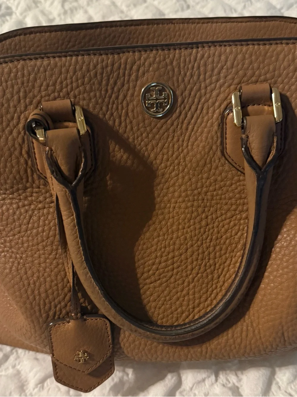 Tory Burch Tan Pebbled Leather Satchel with Gold Hardware